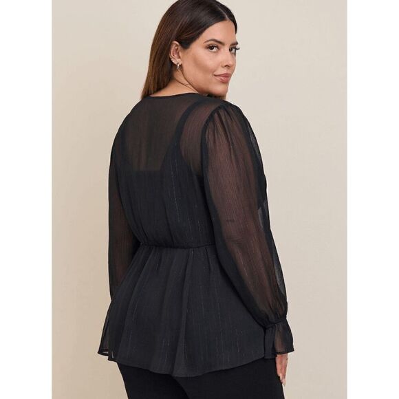 Torrid Black Babydoll Crinkle Lurex Chiffon Crochet Lace-Up Top 00 Medium - Picture 11 of 12